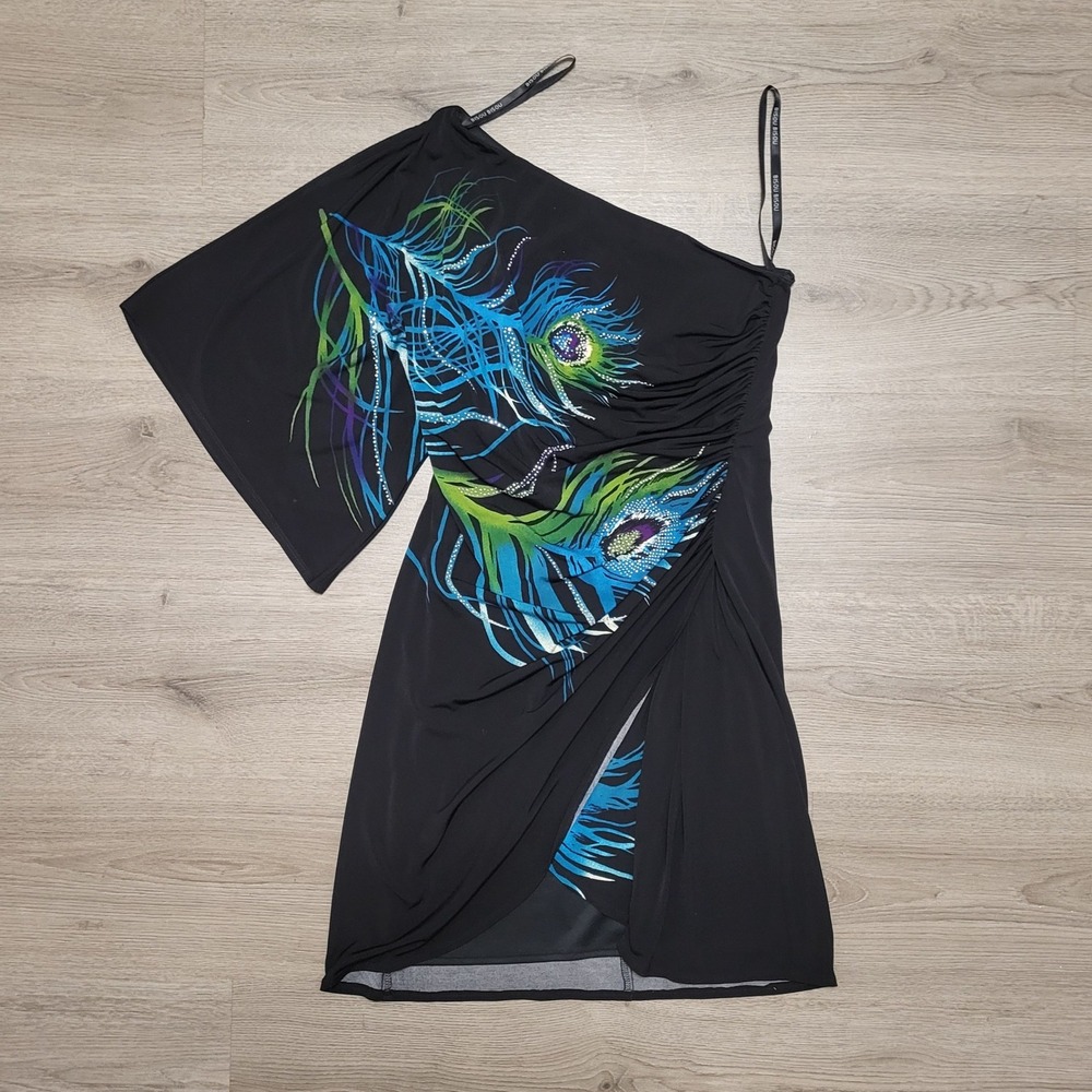 Bisou Bisou Y2K‎ One Shoulder Peacock Feather Rhinestone Dress Black Size 6